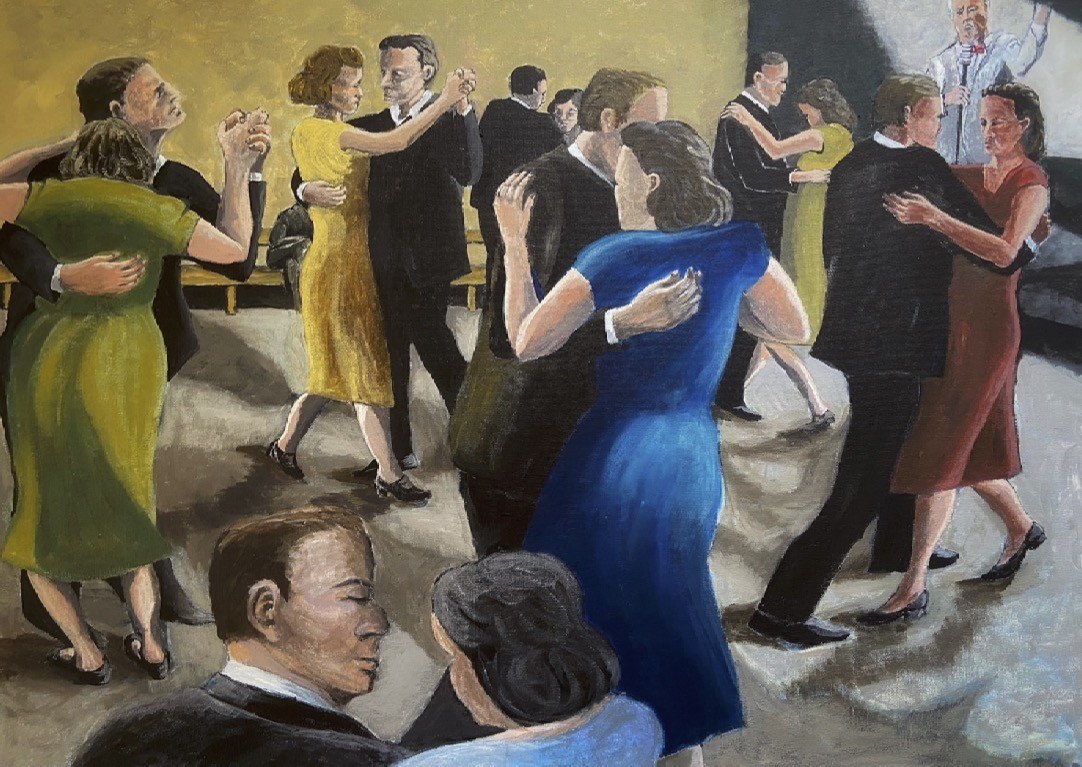 A painting of couples dancing, wearing black suits and brightly coloured dresses.